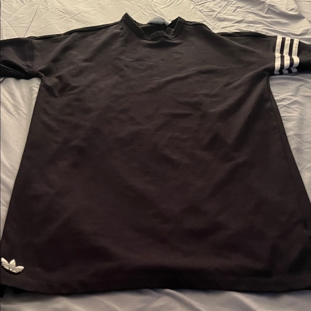 Adidas Black Tee with Triple White Sleeve Stripes, dress